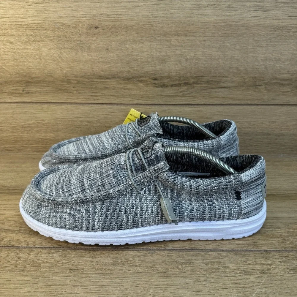 HEY DUDE SIZE 14 M GRANITE WHITE GRAY WALLY STRETCH MIX LIGHTWEIGHT LOAFERS NEW